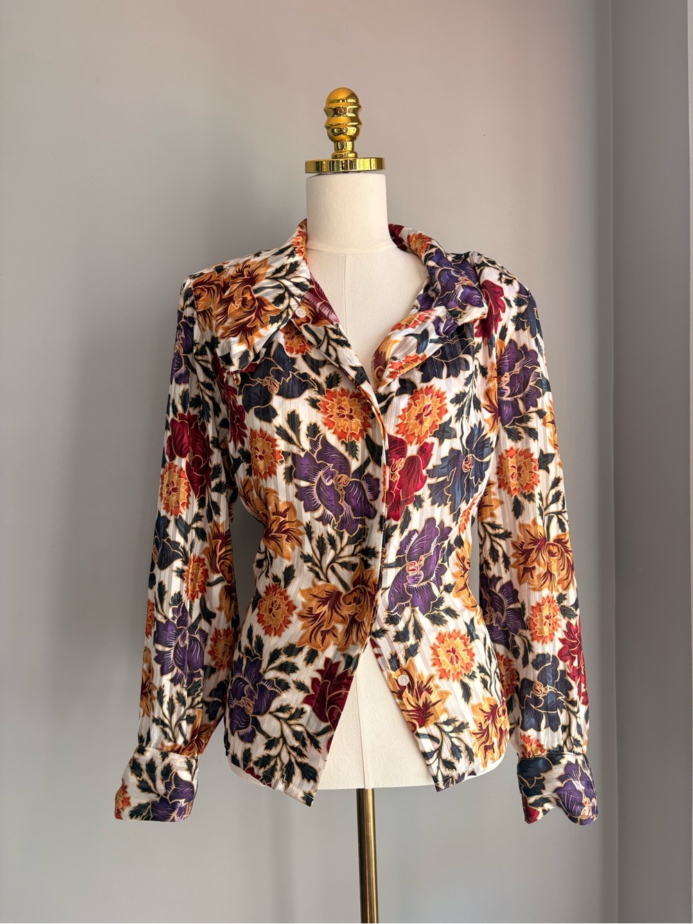 Westbound Cream Floral Button-Up Blouse with Purple, Maroon & Mustard